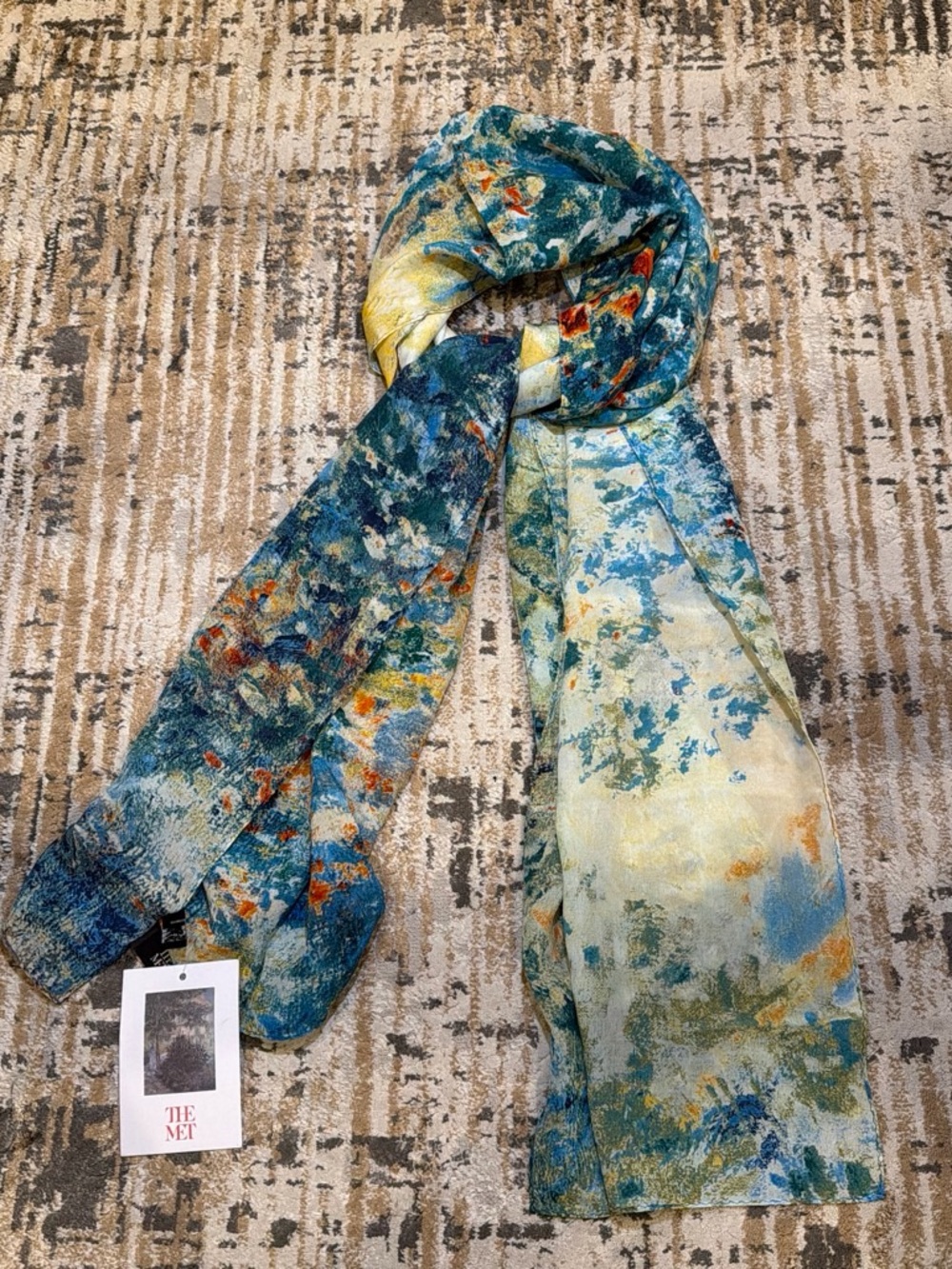 Abstract Blue-Green Print 100% Silk Scarf by THE MET